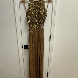 Vintage Gold Sequin Beaded Halter Evening Dress M Silk